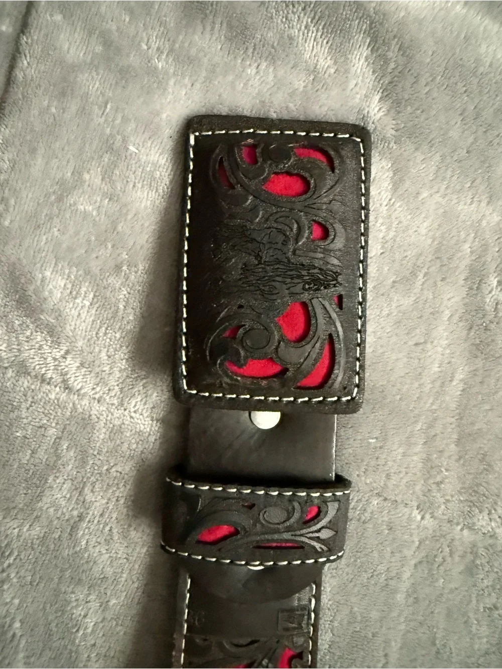 Men's Leather Belt with Red Inlay and Decorative Cutwork